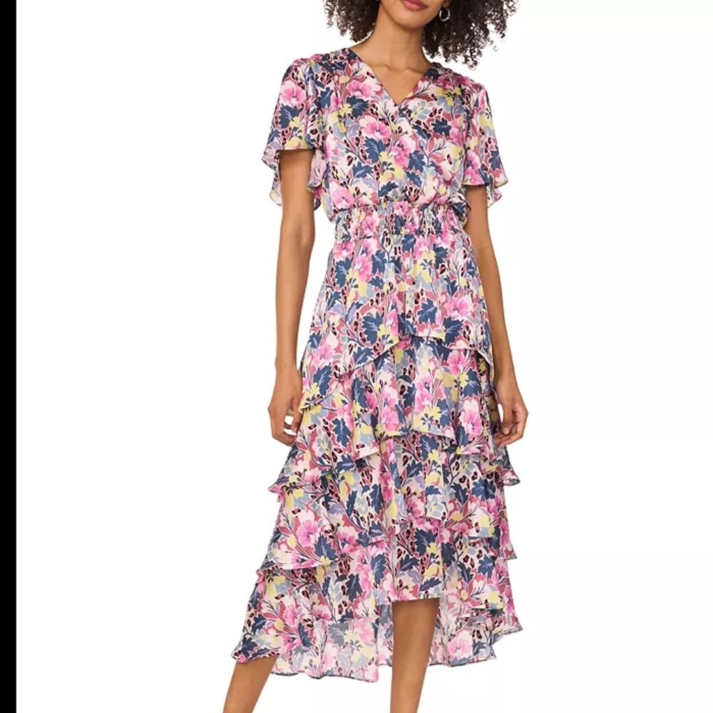 Vince Camuto Floral Flutter Sleeve Midi Dress
